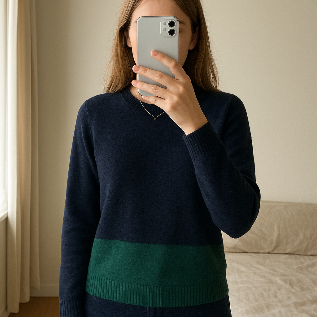 Pull Col Rond Tommy Hilfiger Cachemire et coton Bleu Marine XS debout, face à la caméra, dans une chambre à la lumière douce, avec une lumière naturelle filtrant par la fenêtre.