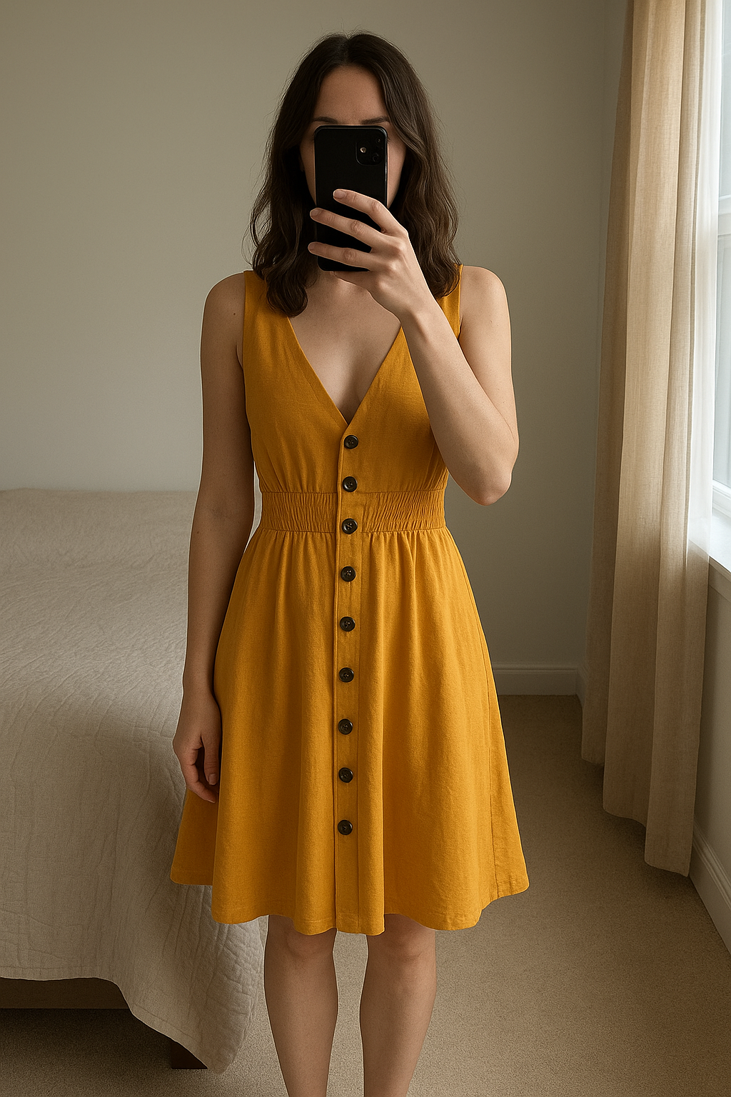 Robe Morgan debout, face à la caméra, dans une chambre à la lumière douce, avec une lumière naturelle filtrant par la fenêtre.