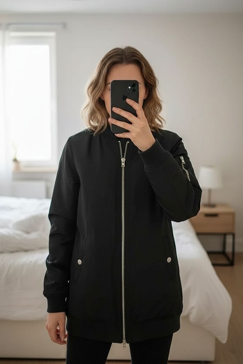 Bomber noir casual debout, face à la caméra, dans une chambre à la lumière douce, avec une lumière naturelle filtrant par la fenêtre.