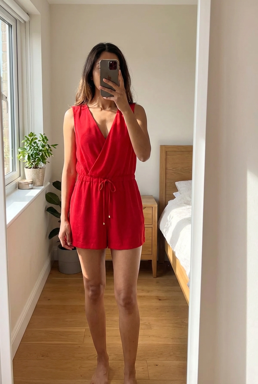 Une personne en Combishort rouge Zara - Taille S (EUR) / 26 (MEX) / 4 (US) debout, face à la caméra, avec une silhouette fine, dans une chambre à la lumière douce, avec une lumière naturelle filtrant par la fenêtre.