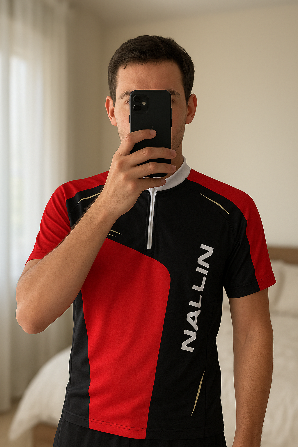 Tricou ciclism INBIKE roșu/negru, fermoar, stare foarte bună, mărimea S standing straight facing the camera, in a softly lit bedroom setting, with gentle natural light filtering through a window.