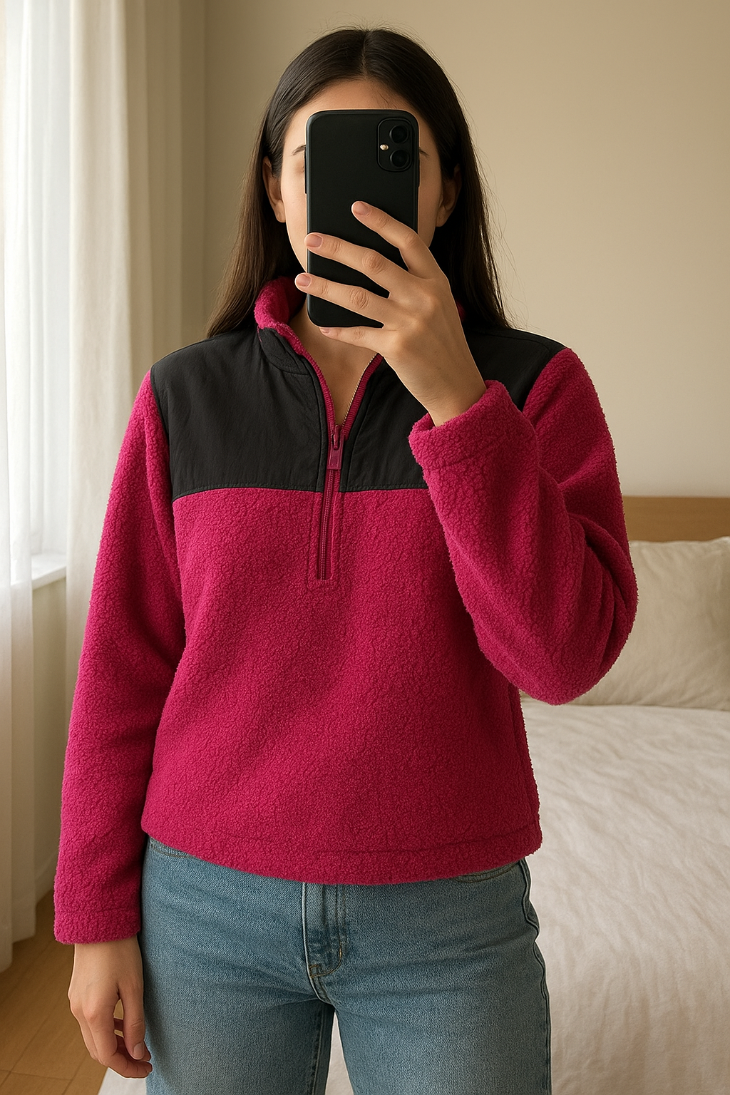 Veste femme debout, face à la caméra, dans une chambre à la lumière douce, avec une lumière naturelle filtrant par la fenêtre.