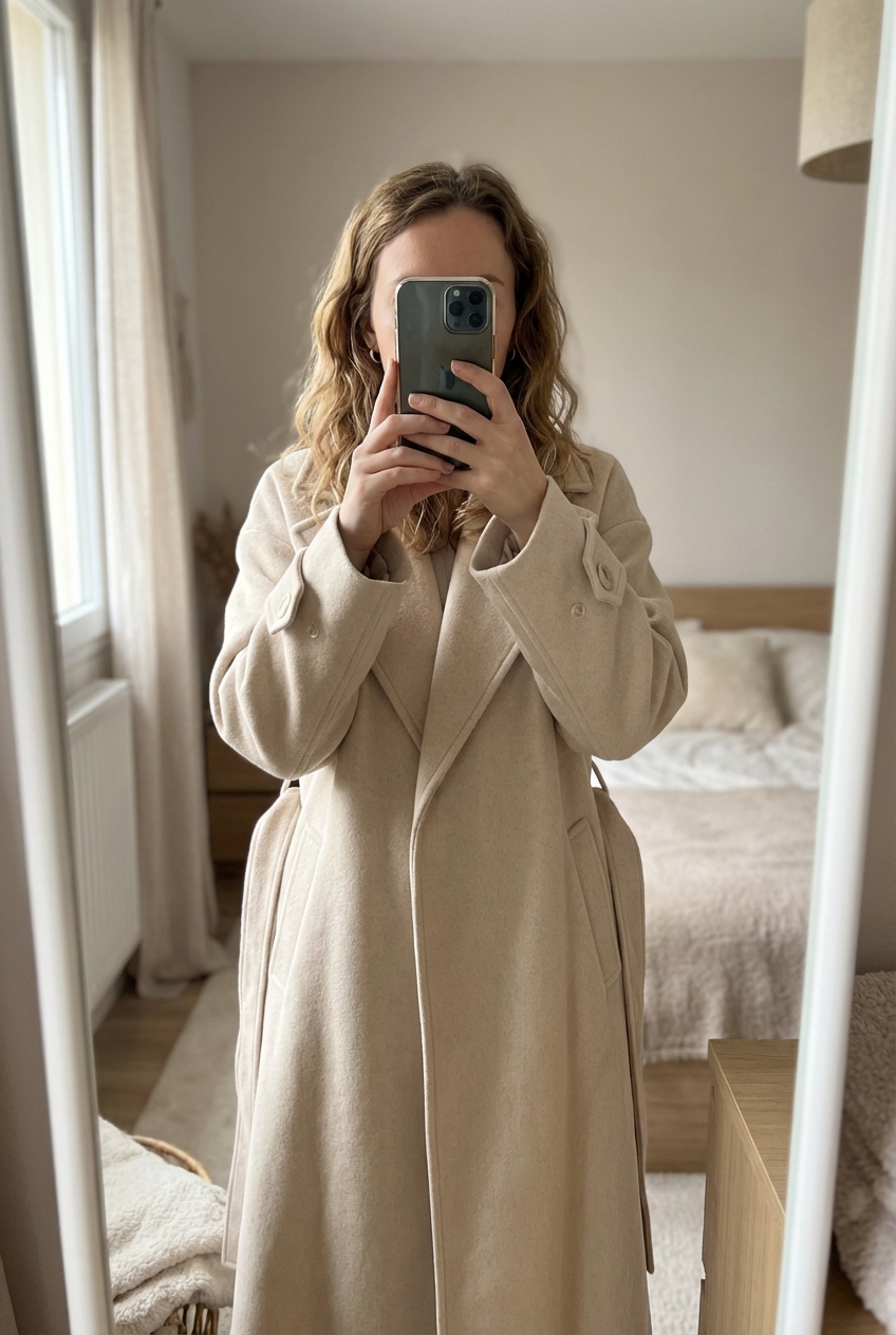 Manteau neuf debout, face à la caméra, dans une chambre à la lumière douce, avec une lumière naturelle filtrant par la fenêtre.