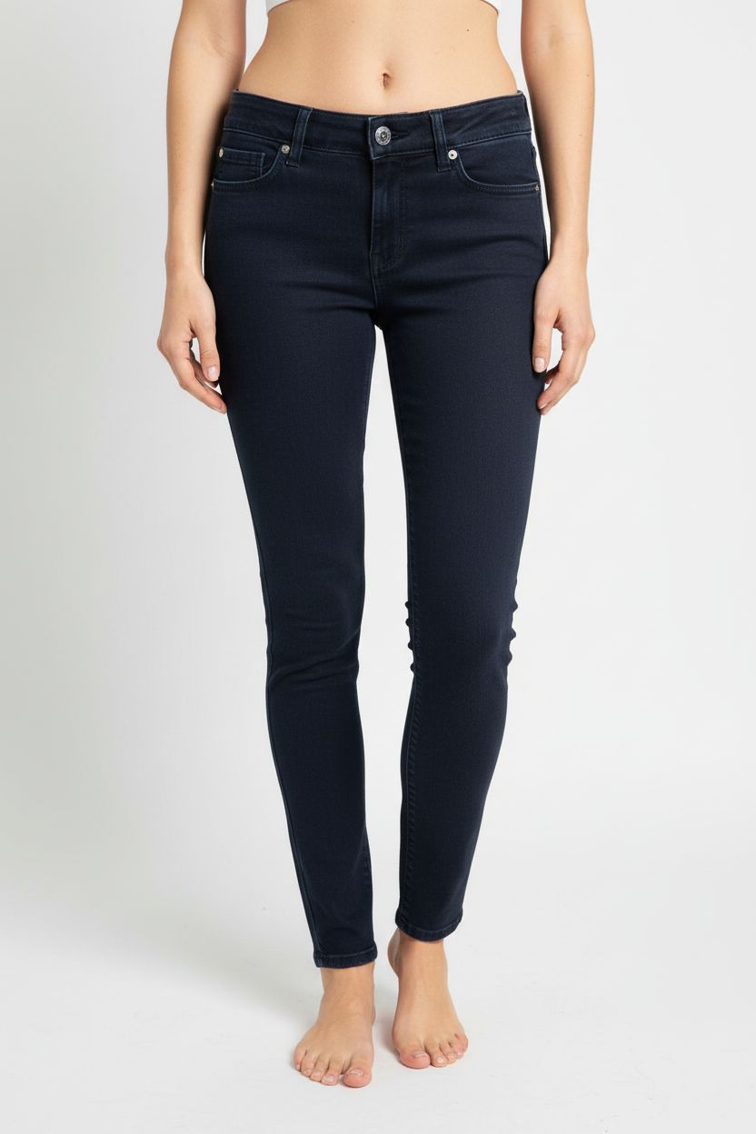 A person in Joules dark navy skinny jeans 10 standing straight facing the camera, in a clean photo studio with seamless white backdrop and softbox lighting.