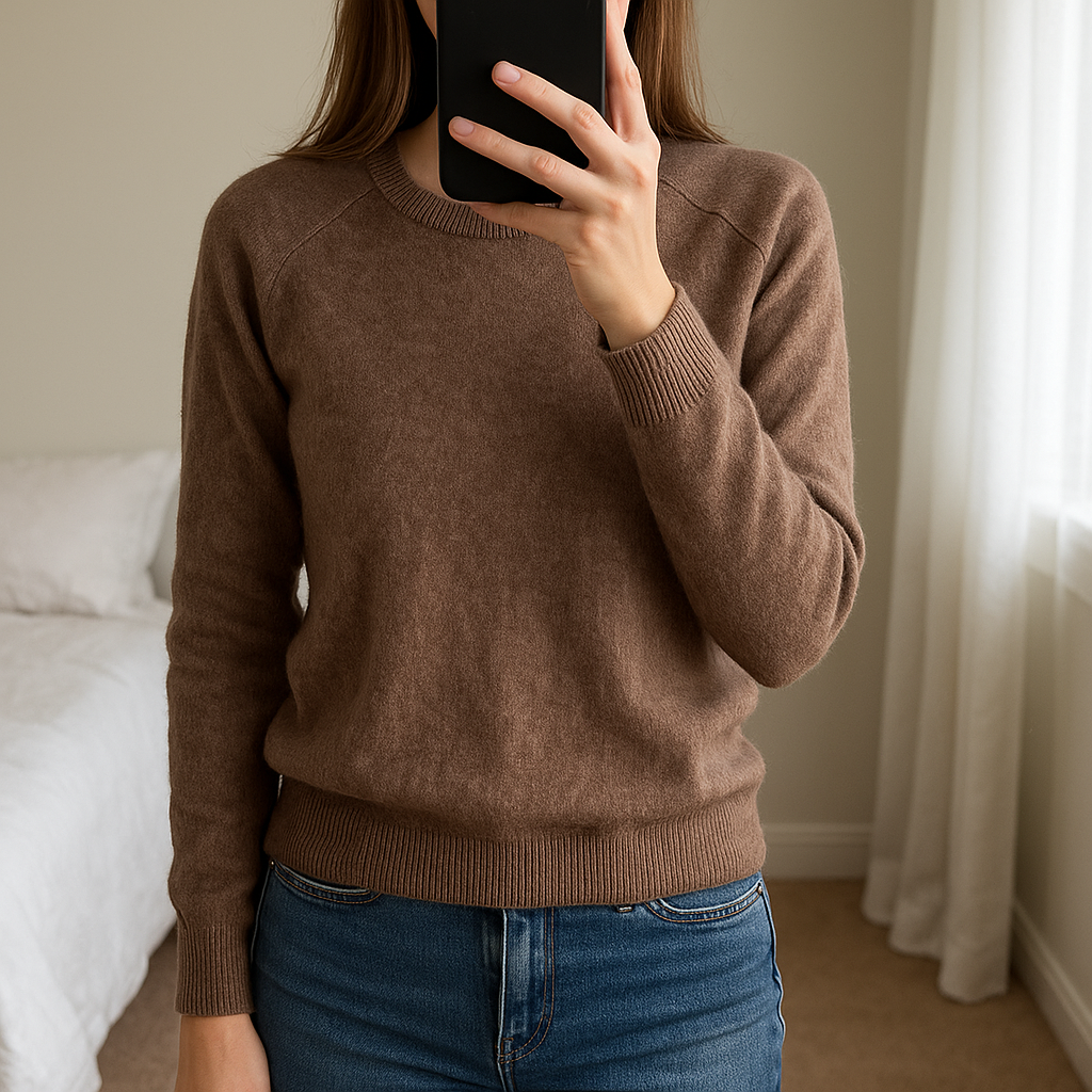 Une personne en Pull en laine taupe Zara taille S debout, face à la caméra, avec une silhouette fine, dans une chambre à la lumière douce, avec une lumière naturelle filtrant par la fenêtre.