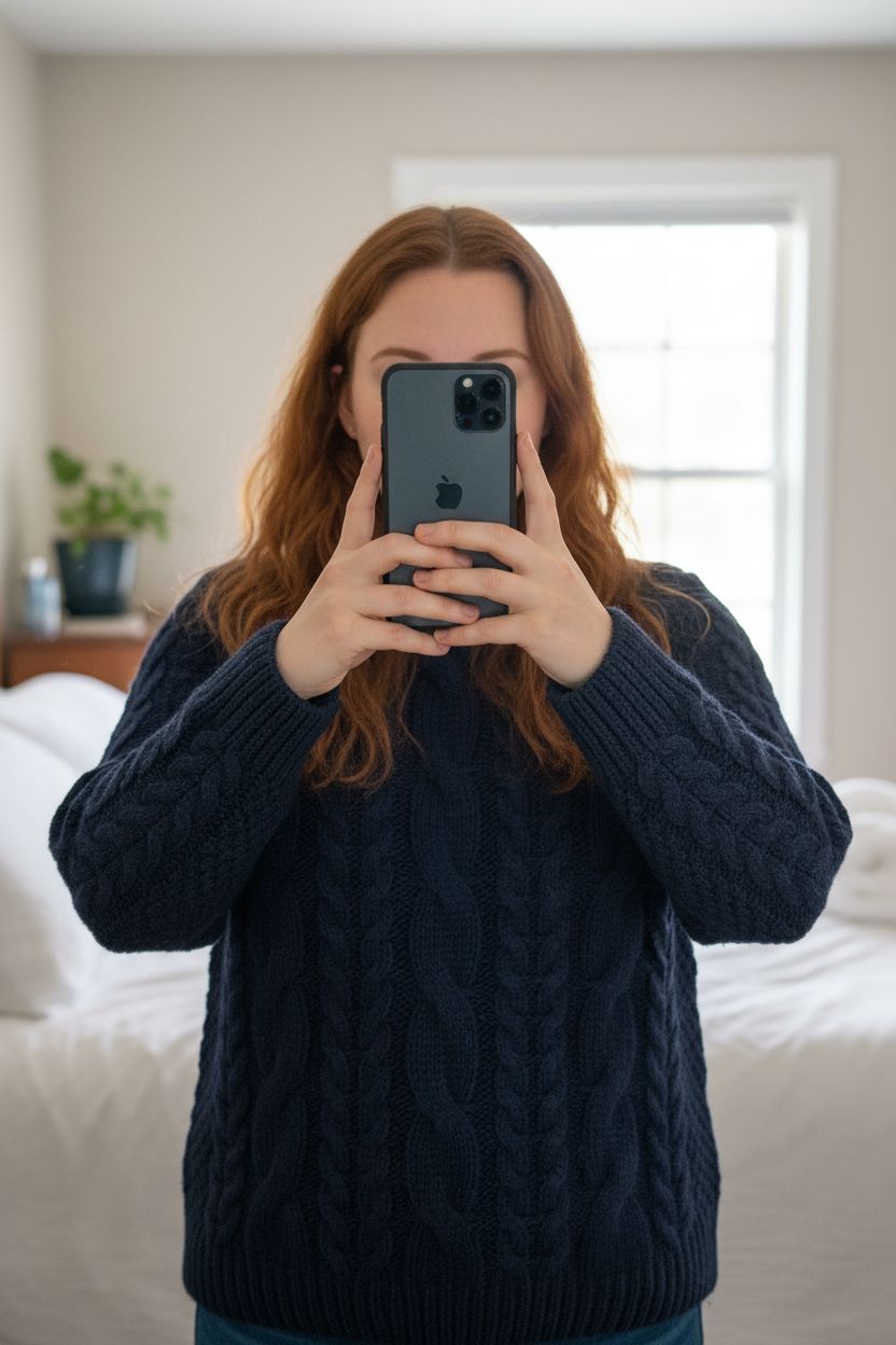 Une personne en Pull Fait Main Tricot Aran Sweater Made in Italy 100% Laine et Cachemire Bleu Marine Aran Craft S debout, face à la caméra, avec une silhouette légèrement plus ronde, dans une chambre à la lumière douce, avec une lumière naturelle filtrant par la fenêtre.