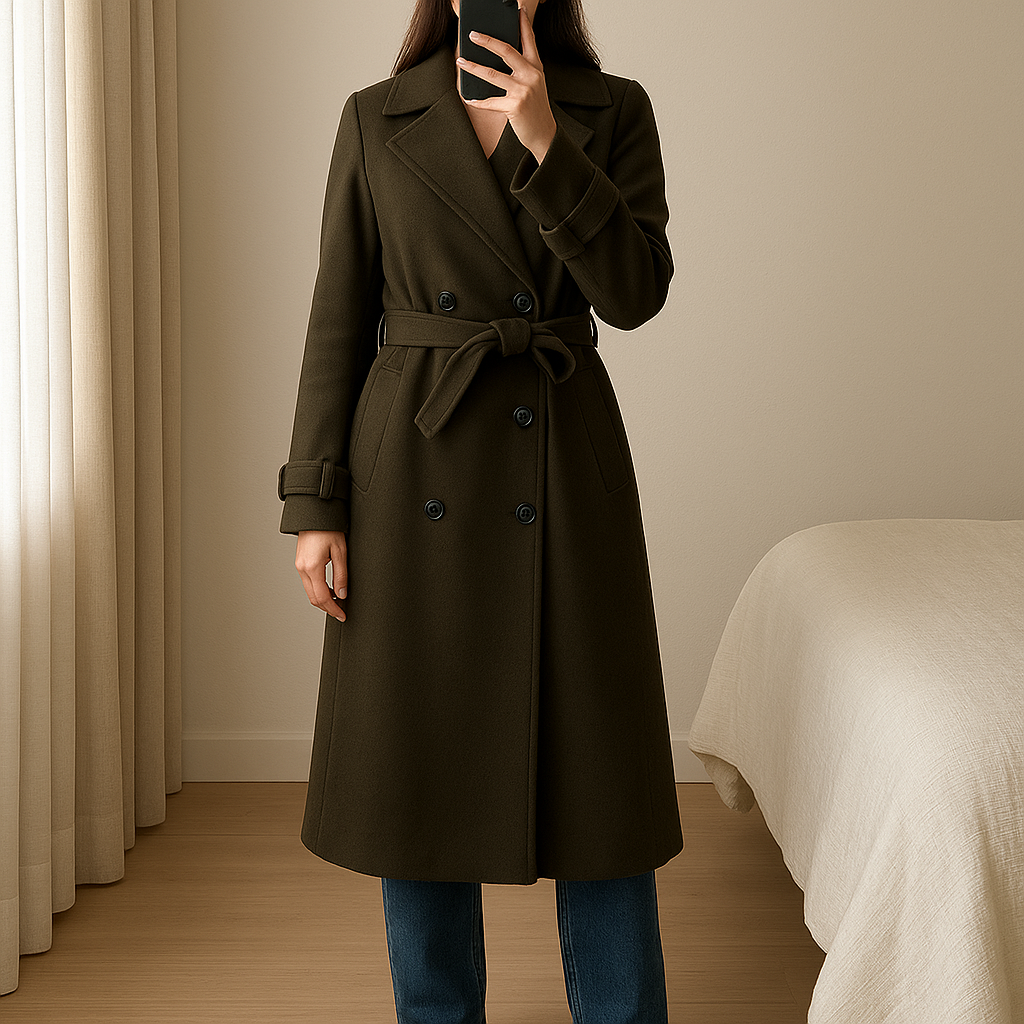 Manteau femme long 130 cm debout, face à la caméra, dans une chambre à la lumière douce, avec une lumière naturelle filtrant par la fenêtre.
