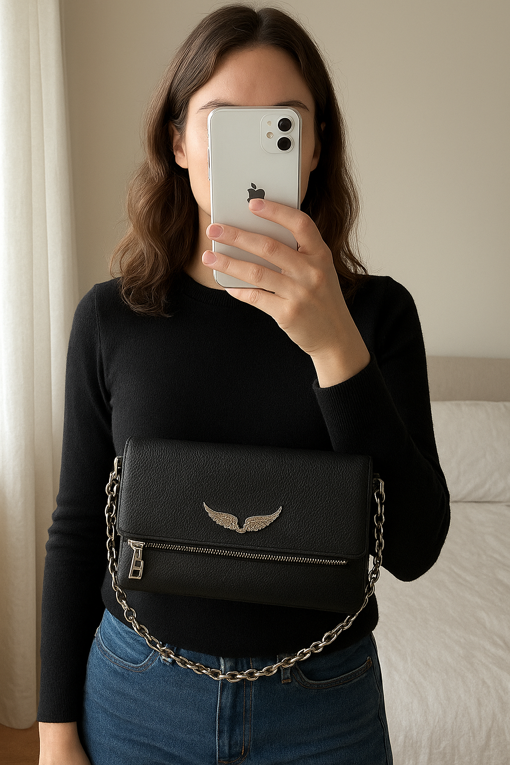 Pochette zadig&voltaire debout, face à la caméra, dans une chambre à la lumière douce, avec une lumière naturelle filtrant par la fenêtre.