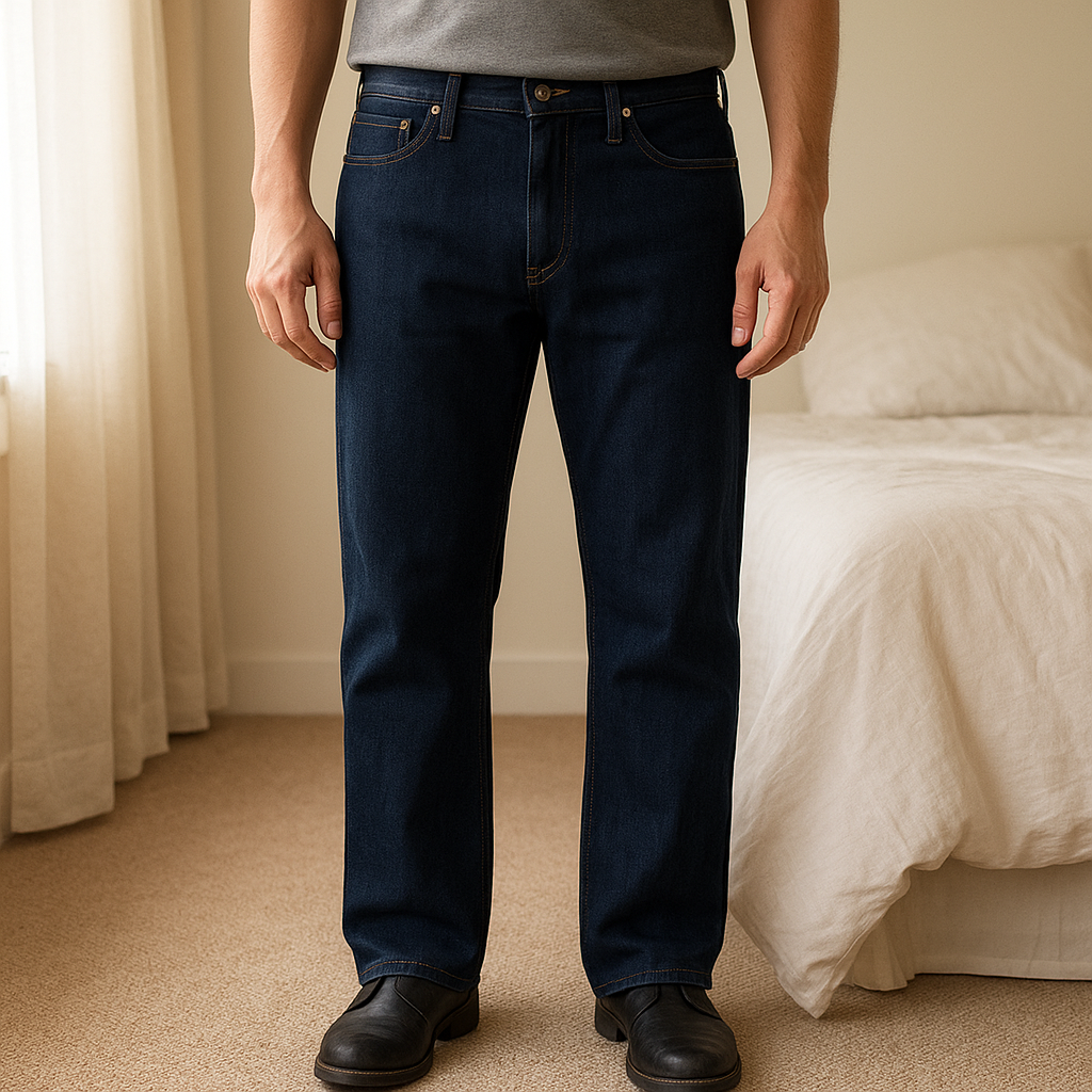 Marks and Spencer jeans de pie, mirando a la cámara, en un dormitorio con luz suave y natural filtrándose por la ventana.