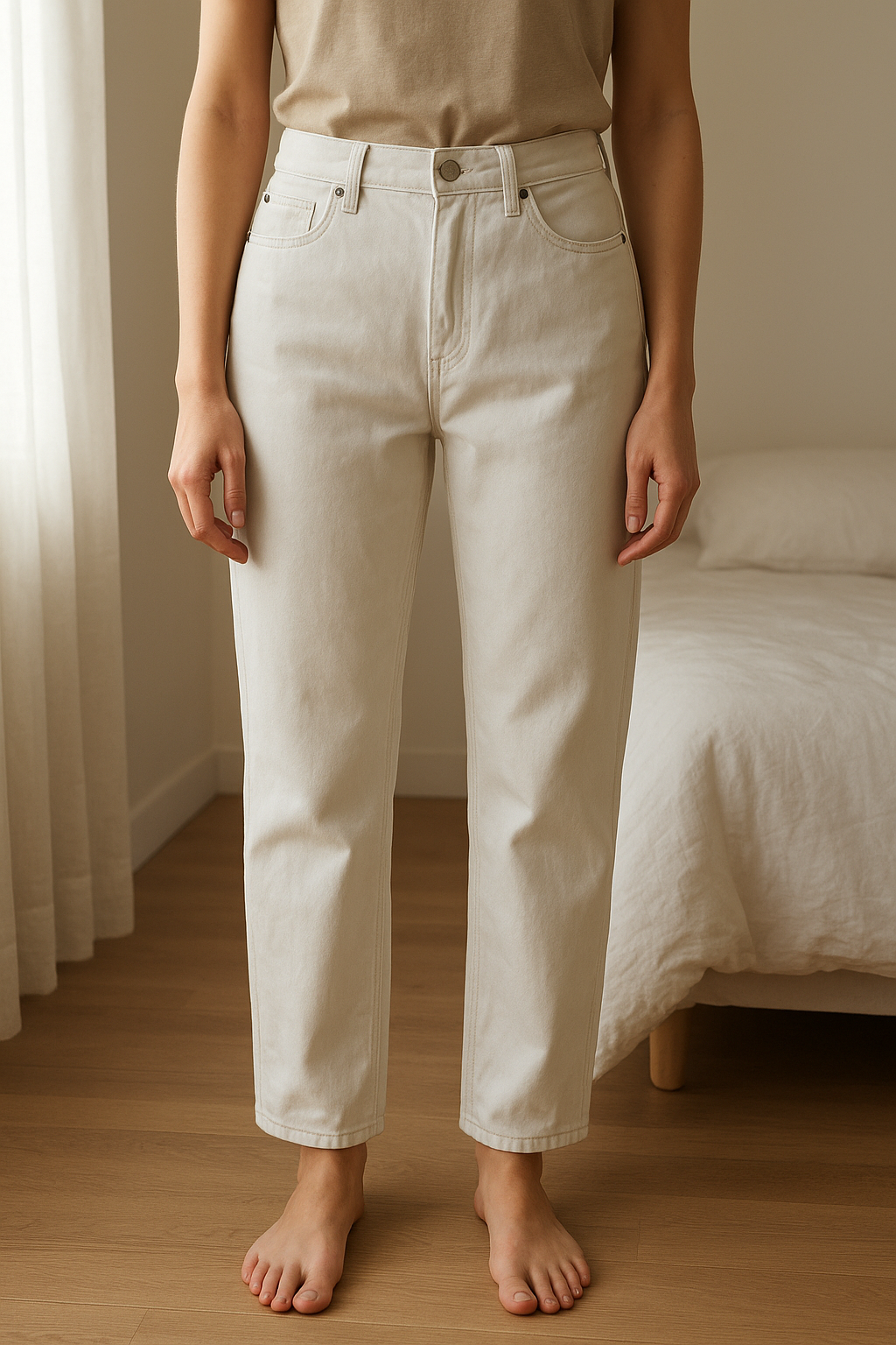 Jean blanc Sewn taille 36 debout, face à la caméra, dans une chambre à la lumière douce, avec une lumière naturelle filtrant par la fenêtre.