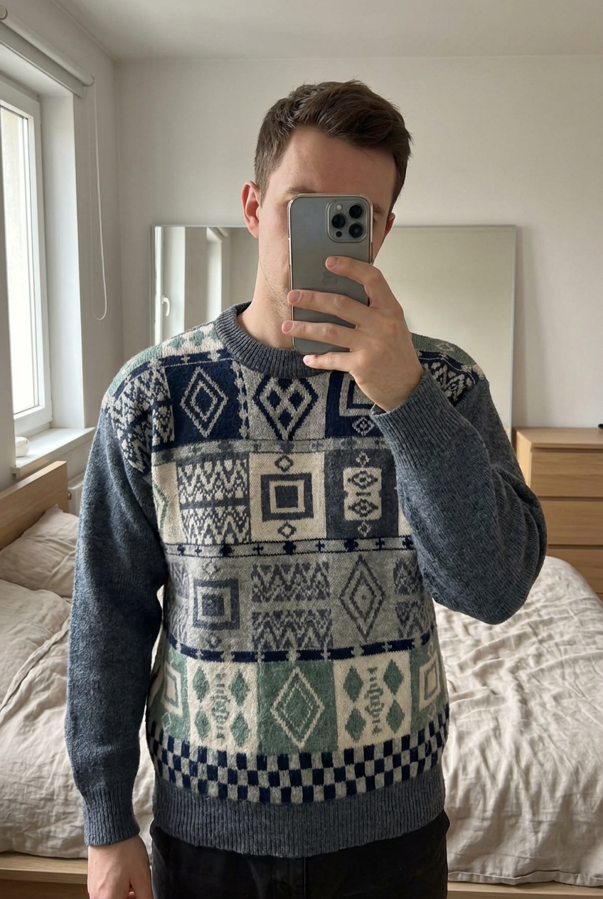 Pull Vintage Sweater à motif Graphic athenic patern Vintage Mix Laine Gris M debout, face à la caméra, dans une chambre à la lumière douce, avec une lumière naturelle filtrant par la fenêtre.