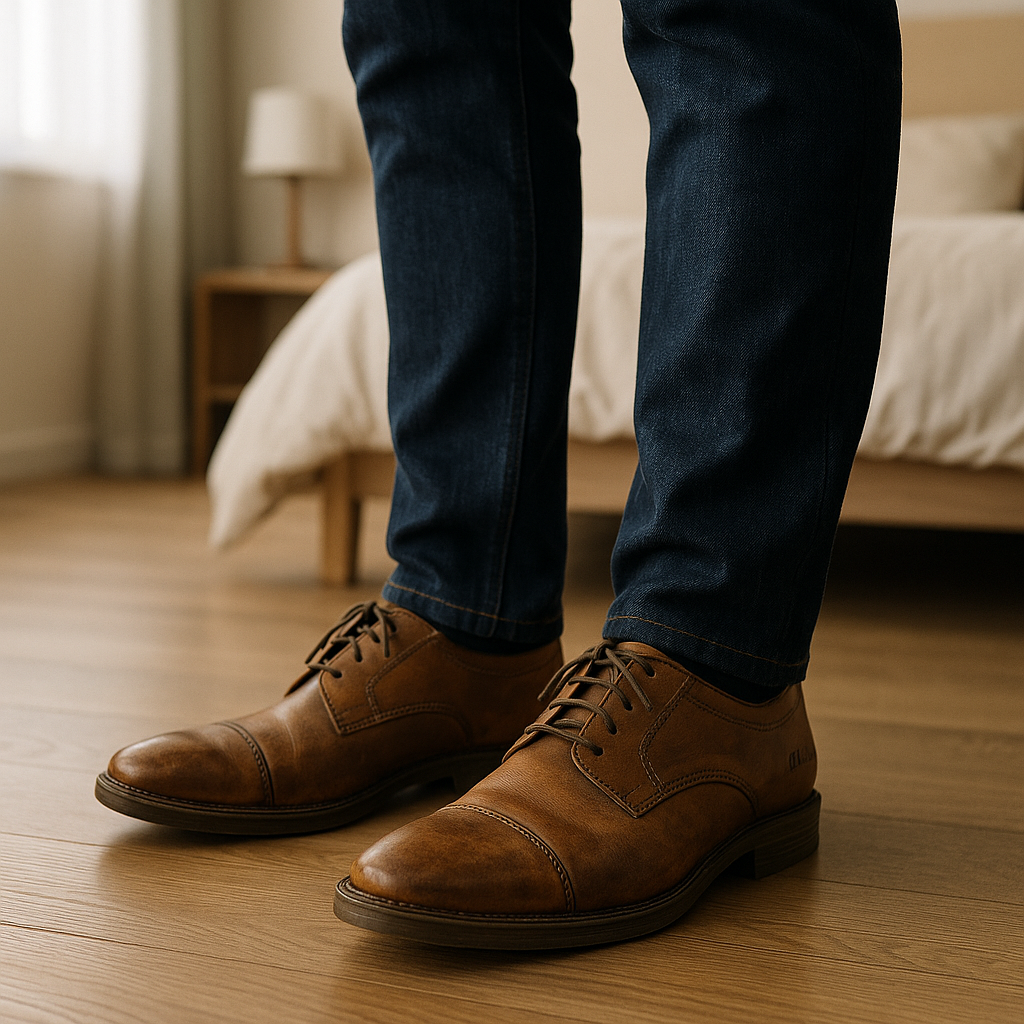 Chaussures de ville Clarks 🟤 debout, face à la caméra, dans une chambre à la lumière douce, avec une lumière naturelle filtrant par la fenêtre.