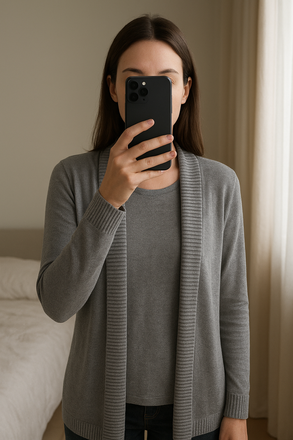 Cardigans Mango debout, face à la caméra, dans une chambre à la lumière douce, avec une lumière naturelle filtrant par la fenêtre.