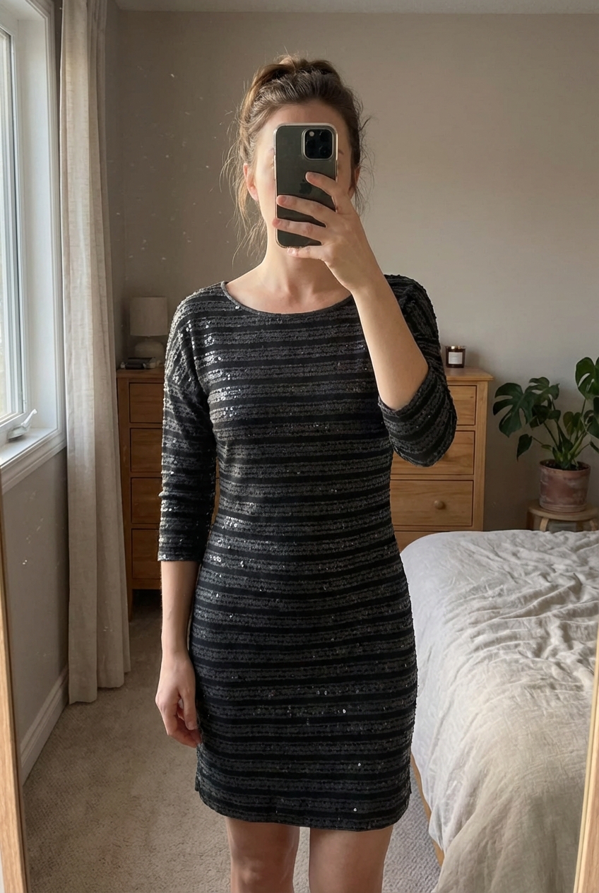 Grey + Black Sequin Dress with Sleeves standing straight facing the camera, in a softly lit bedroom setting, with gentle natural light filtering through a window.