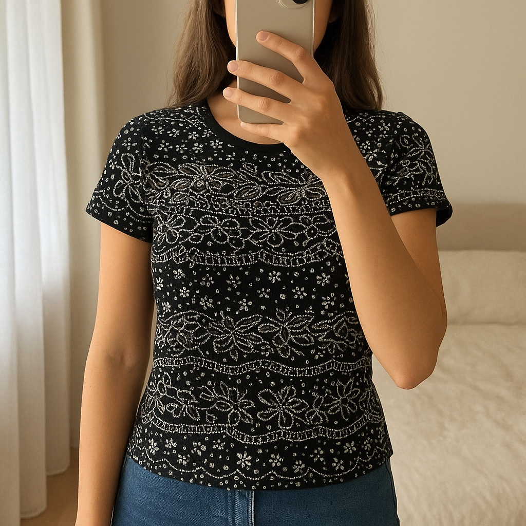 T-shirt vintage debout, face à la caméra, dans une chambre à la lumière douce, avec une lumière naturelle filtrant par la fenêtre.