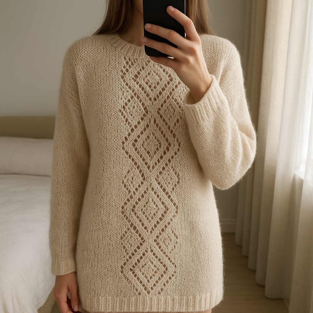 Una persona con Chaqueta larga lana de pie, mirando a la cámara, con tipo de cuerpo delgado, en un dormitorio con luz suave y natural filtrándose por la ventana.