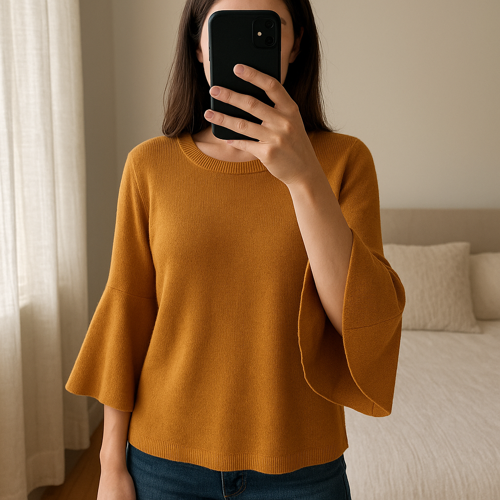 Pull femme L moutarde - Maglione donna L in piedi, rivolto verso la fotocamera, in una camera da letto con luce soffusa e luce naturale che filtra dalla finestra.