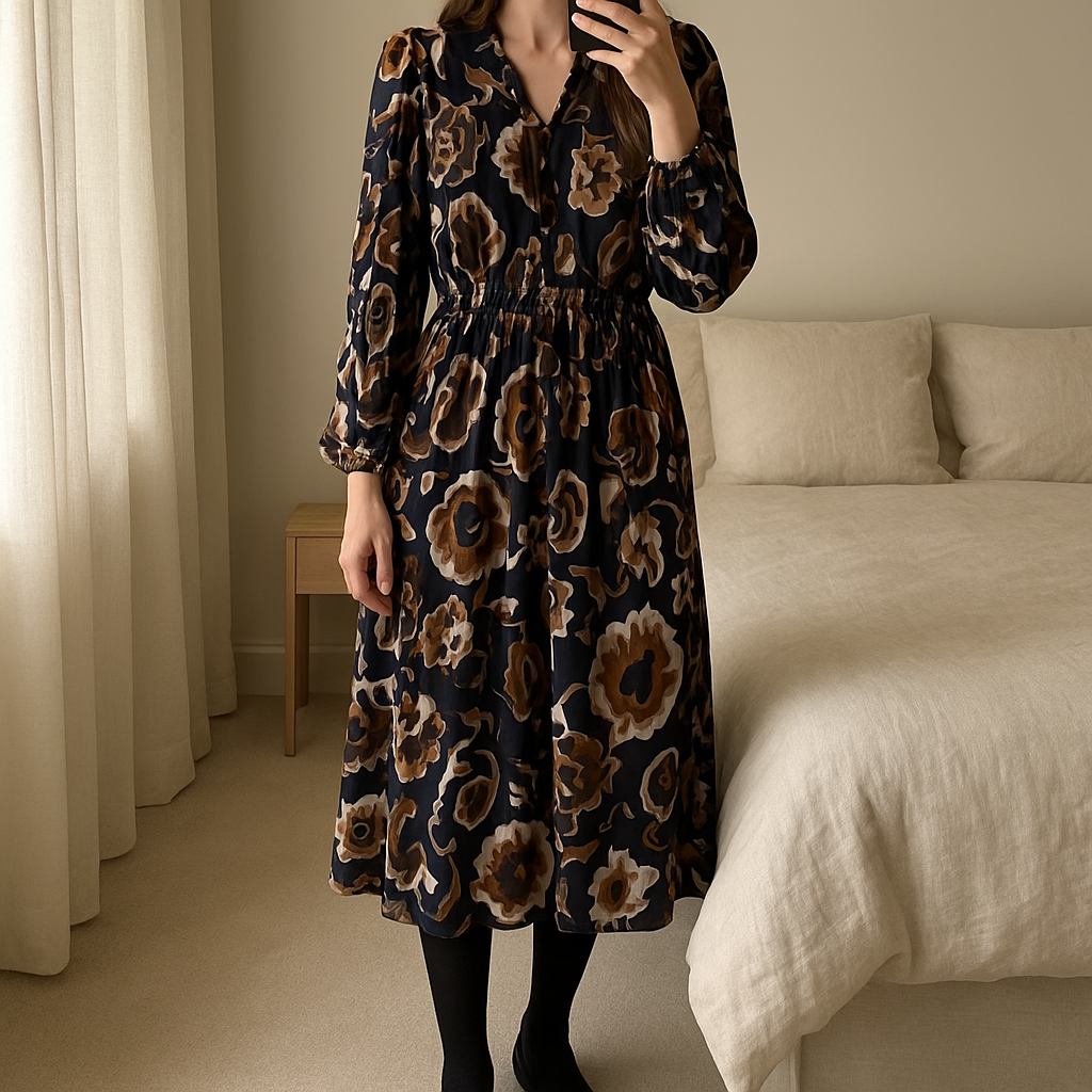 Robe longue Promod taille 42 debout, face à la caméra, dans une chambre à la lumière douce, avec une lumière naturelle filtrant par la fenêtre.