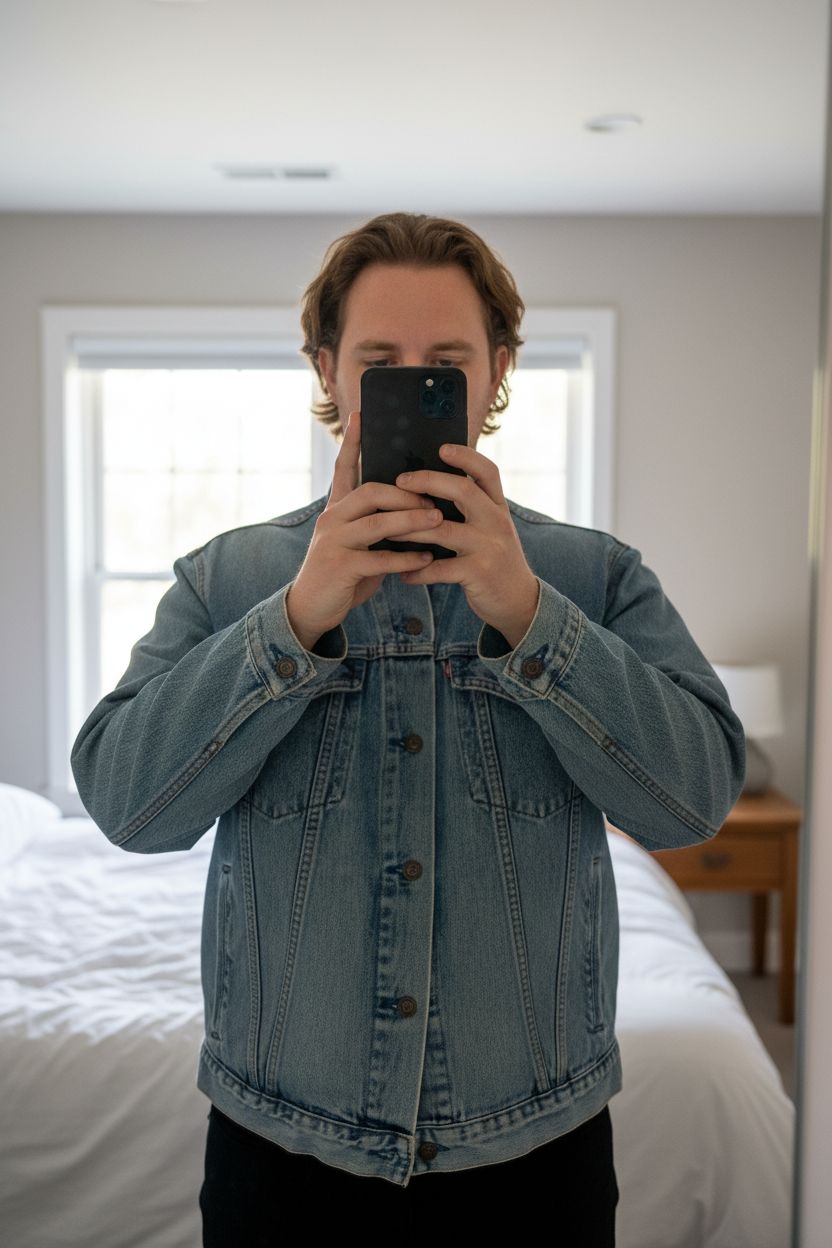 Une personne en Veste En Jean Levi's Vintage Année 90 Y2K 100% Coton Denim jacket Made In Canada Bleu Taille M debout, face à la caméra, avec une silhouette légèrement plus ronde, dans une chambre à la lumière douce, avec une lumière naturelle filtrant par la fenêtre.