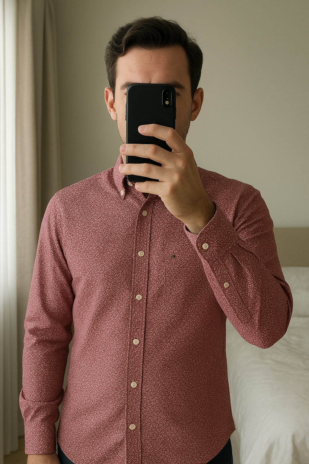 Chemise Tommy Homme hiver debout, face à la caméra, dans une chambre à la lumière douce, avec une lumière naturelle filtrant par la fenêtre.