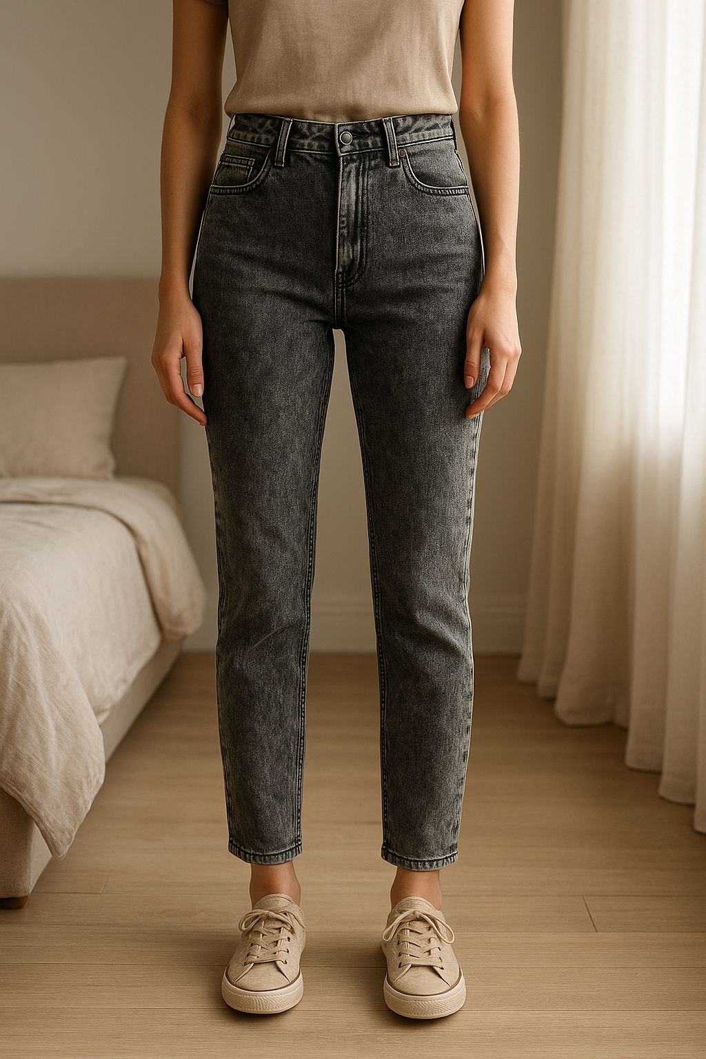 F&F szürke push up farmer standing straight facing the camera, in a softly lit bedroom setting, with gentle natural light filtering through a window.