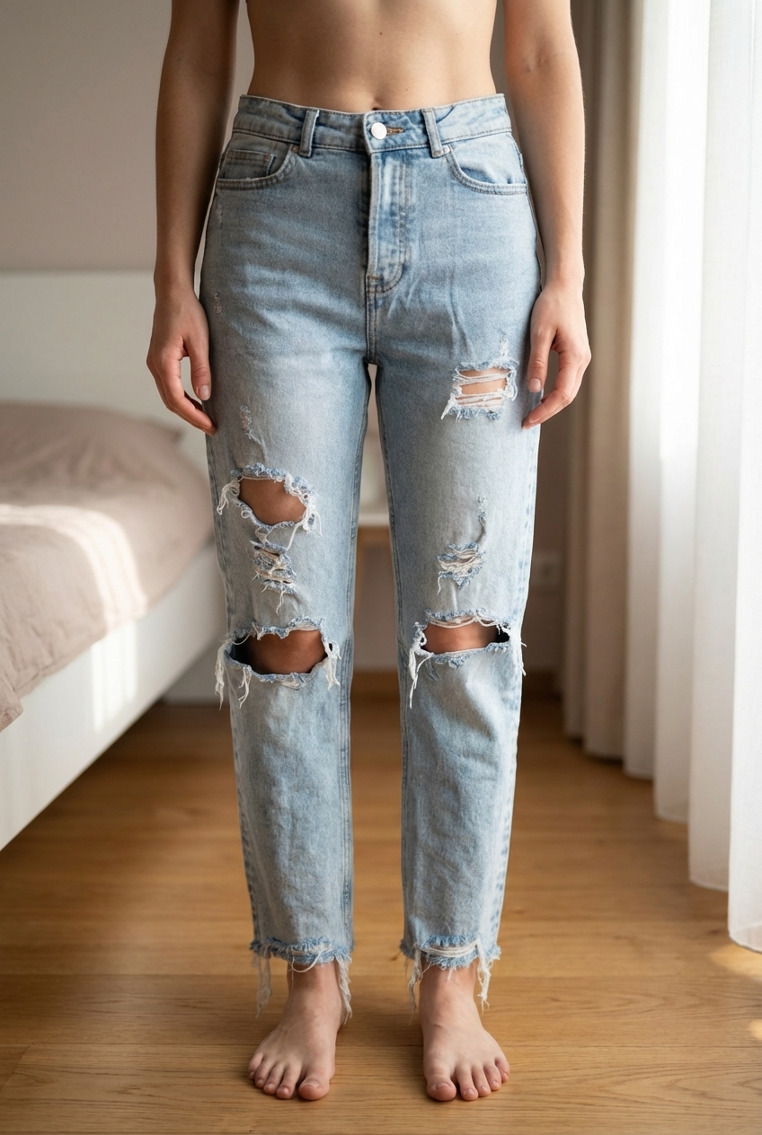 Jeans destroy strappati straight high rise 36 in piedi, rivolto verso la fotocamera, in una camera da letto con luce soffusa e luce naturale che filtra dalla finestra.