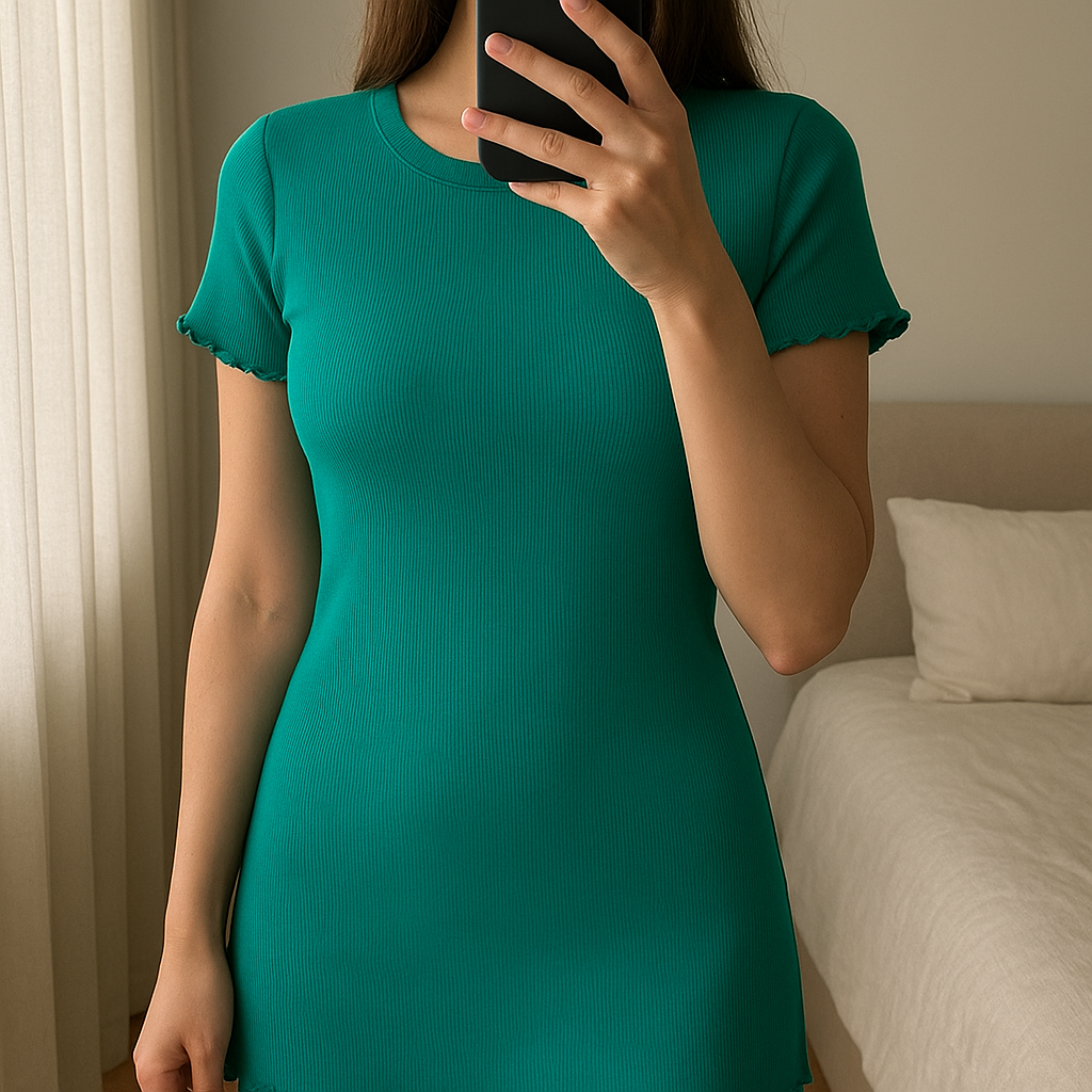 Green T Shirt with frills standing straight facing the camera, in a softly lit bedroom setting, with gentle natural light filtering through a window.