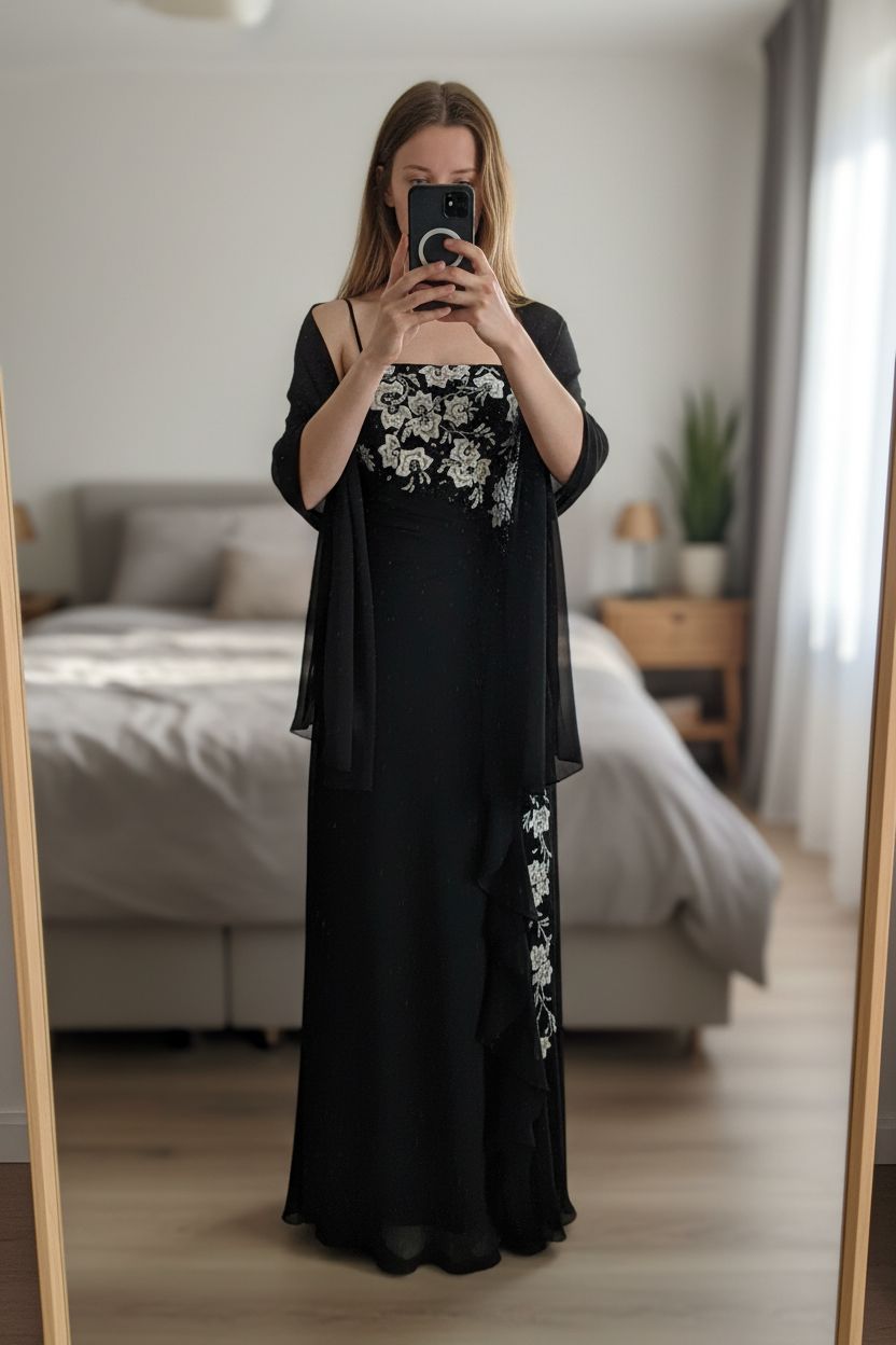 🖤 Robe de soirée longue noire Joy avec écharpe debout, face à la caméra, dans une chambre à la lumière douce, avec une lumière naturelle filtrant par la fenêtre.