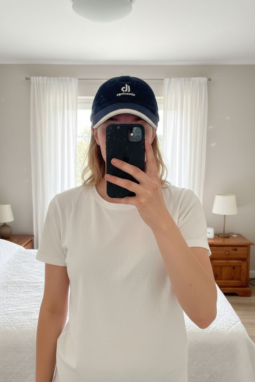 Casquette Balenciaga debout, face à la caméra, dans une chambre à la lumière douce, avec une lumière naturelle filtrant par la fenêtre.