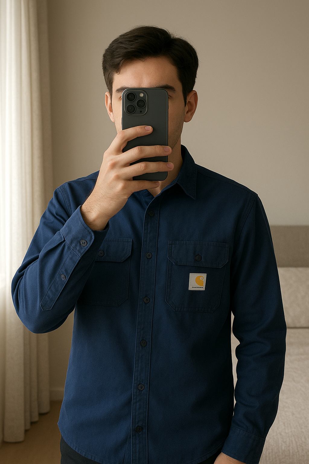 Sur chemise Carhartt bleu marine debout, face à la caméra, dans une chambre à la lumière douce, avec une lumière naturelle filtrant par la fenêtre.