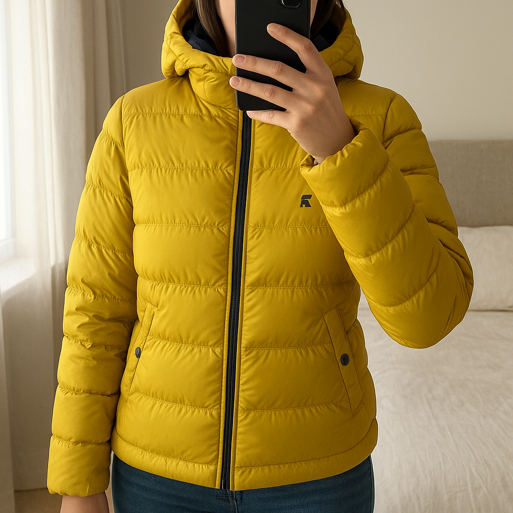 G-Star Raw Whistler Mustard Womens Lightweight Waterproof Zip Up Hooded Puffer Jacket - XS standing straight facing the camera, in a softly lit bedroom setting, with gentle natural light filtering through a window.