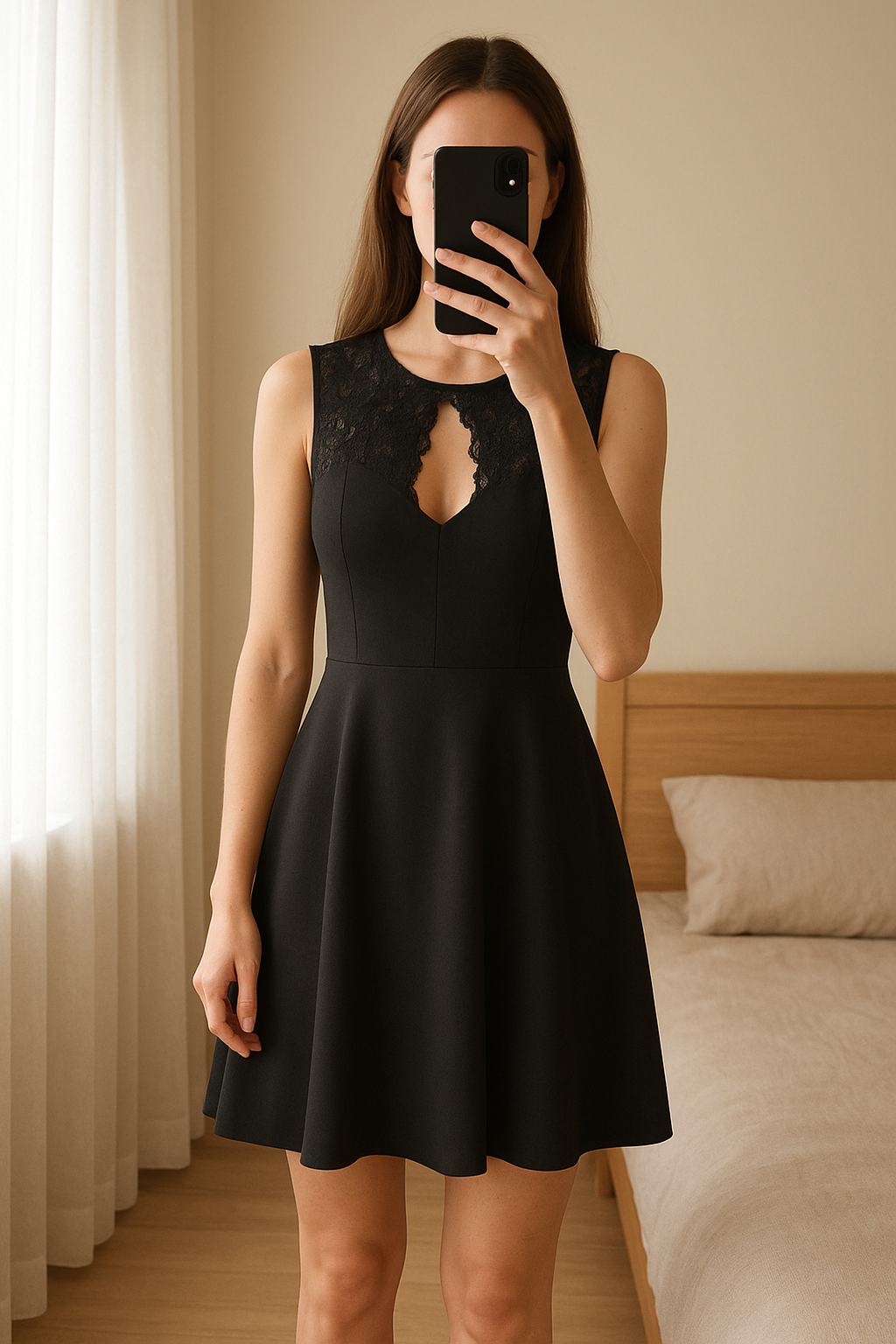 Petite robe noire dentelle au col et effet patineuse debout, face à la caméra, dans une chambre à la lumière douce, avec une lumière naturelle filtrant par la fenêtre.