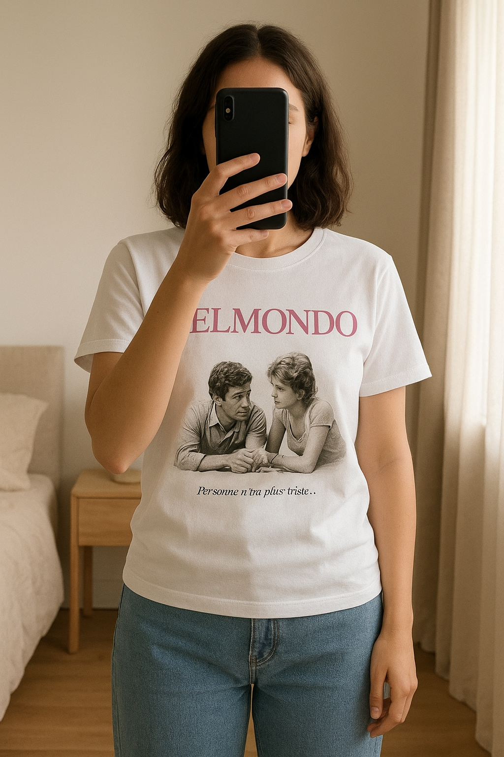 T-shirt belmondo debout, face à la caméra, dans une chambre à la lumière douce, avec une lumière naturelle filtrant par la fenêtre.