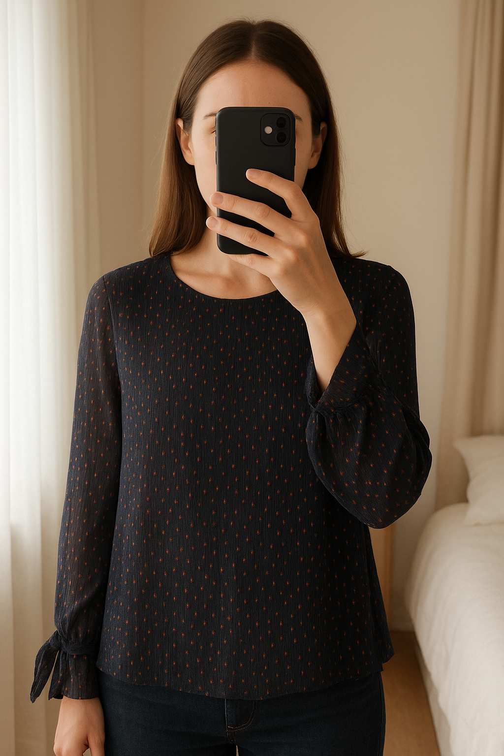 Ladies M&S collection size 16 layered navy spot long sleeve blouse #smart #formal #worn standing straight facing the camera, in a softly lit bedroom setting, with gentle natural light filtering through a window.