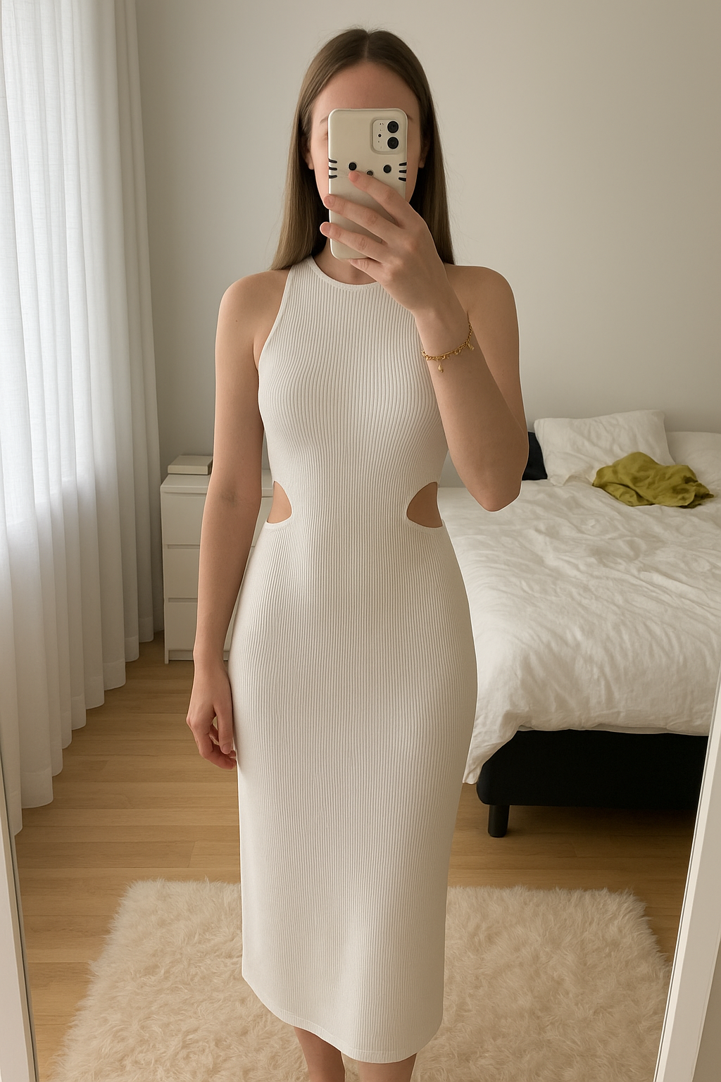 Robe à troue bershka blanche debout, face à la caméra, dans une chambre à la lumière douce, avec une lumière naturelle filtrant par la fenêtre.