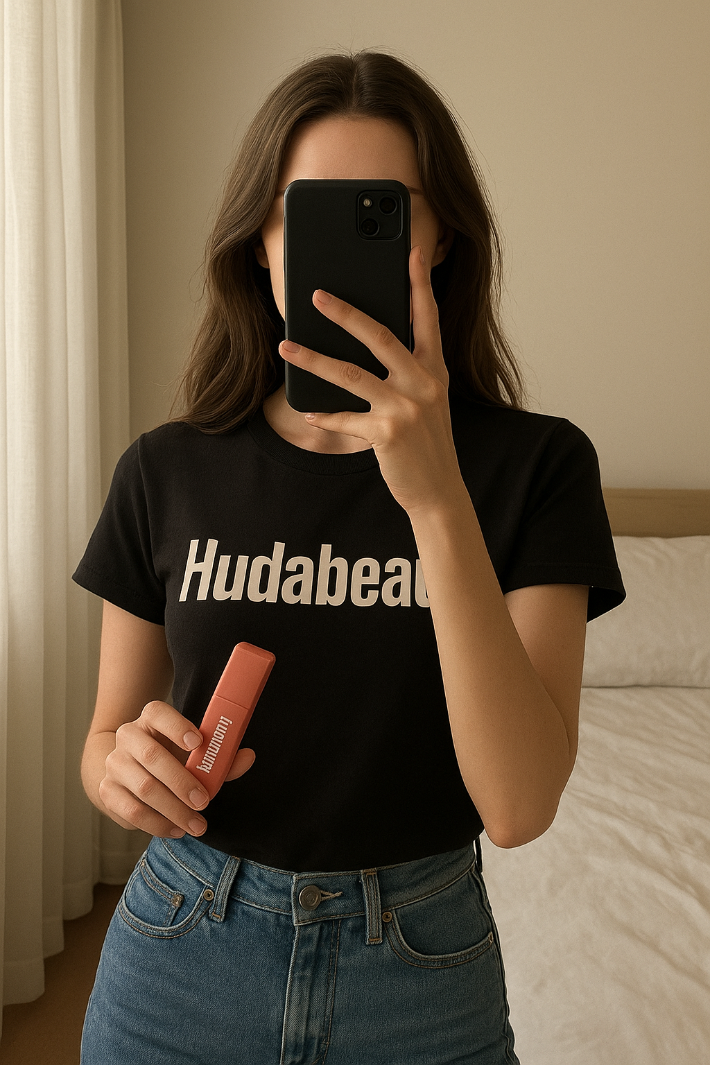 Blush Huda beauty debout, face à la caméra, dans une chambre à la lumière douce, avec une lumière naturelle filtrant par la fenêtre.