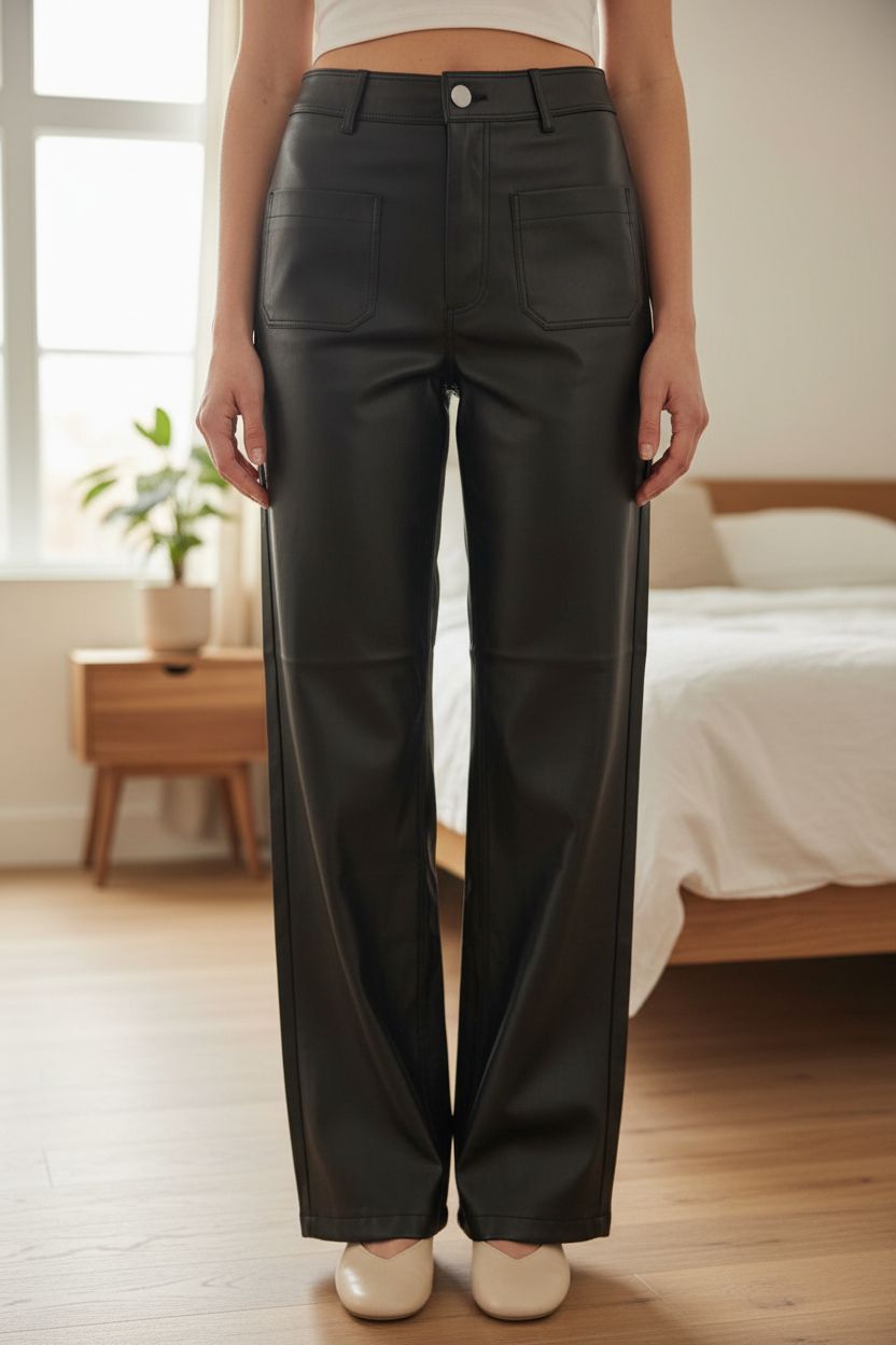 Pantalon Similicuir Wide Leg taille haute S debout, face à la caméra, dans une chambre à la lumière douce, avec une lumière naturelle filtrant par la fenêtre.