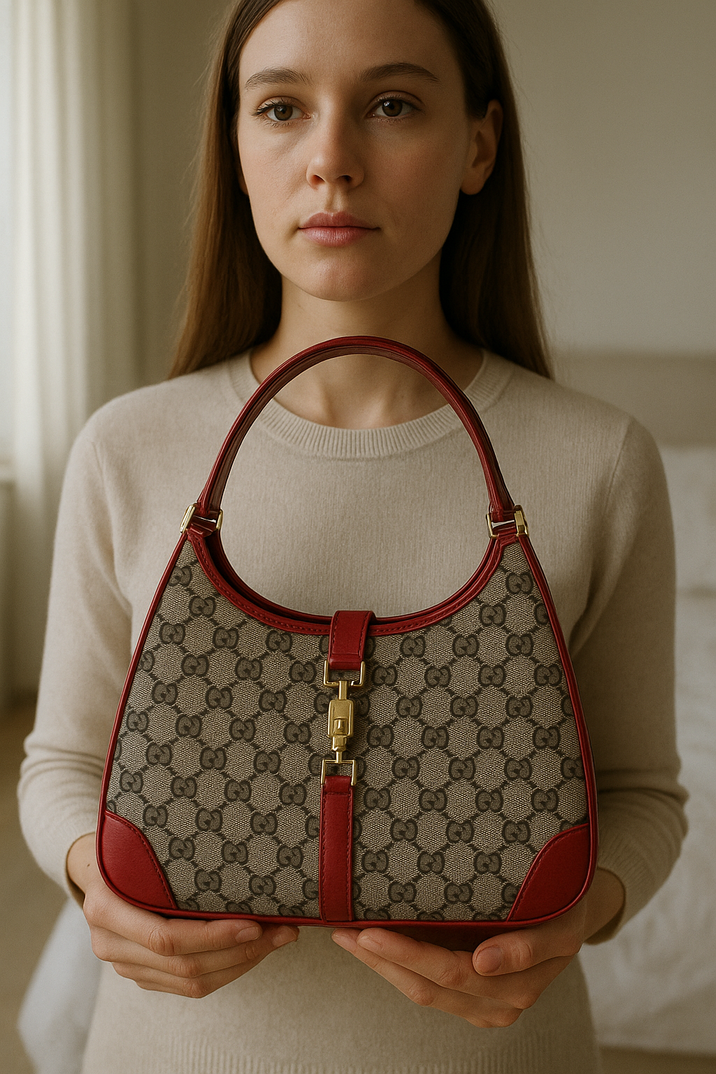 Jackie Vintage - Gucci - 30807 debout, face à la caméra, dans une chambre à la lumière douce, avec une lumière naturelle filtrant par la fenêtre.