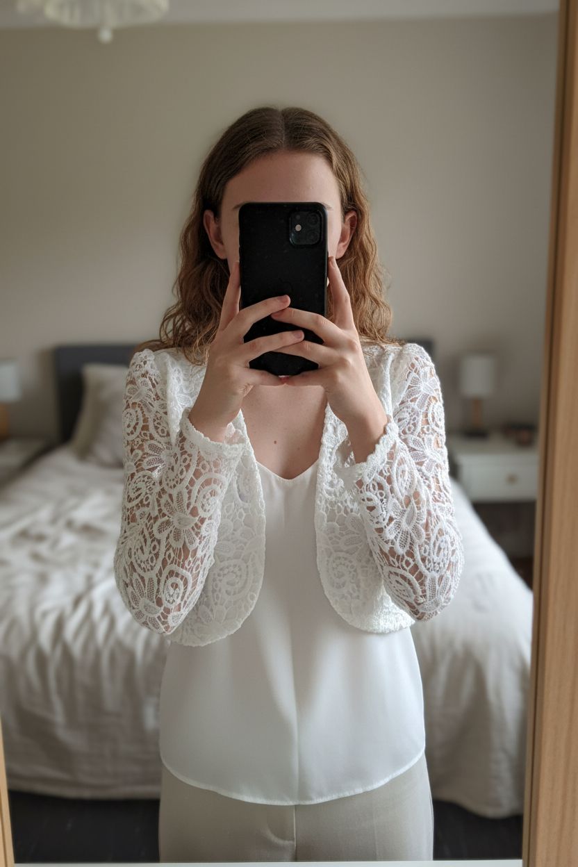 Coprispalle Bolero Bianco in Pizzo ed Elegante Raso in piedi, rivolto verso la fotocamera, in una camera da letto con luce soffusa e luce naturale che filtra dalla finestra.