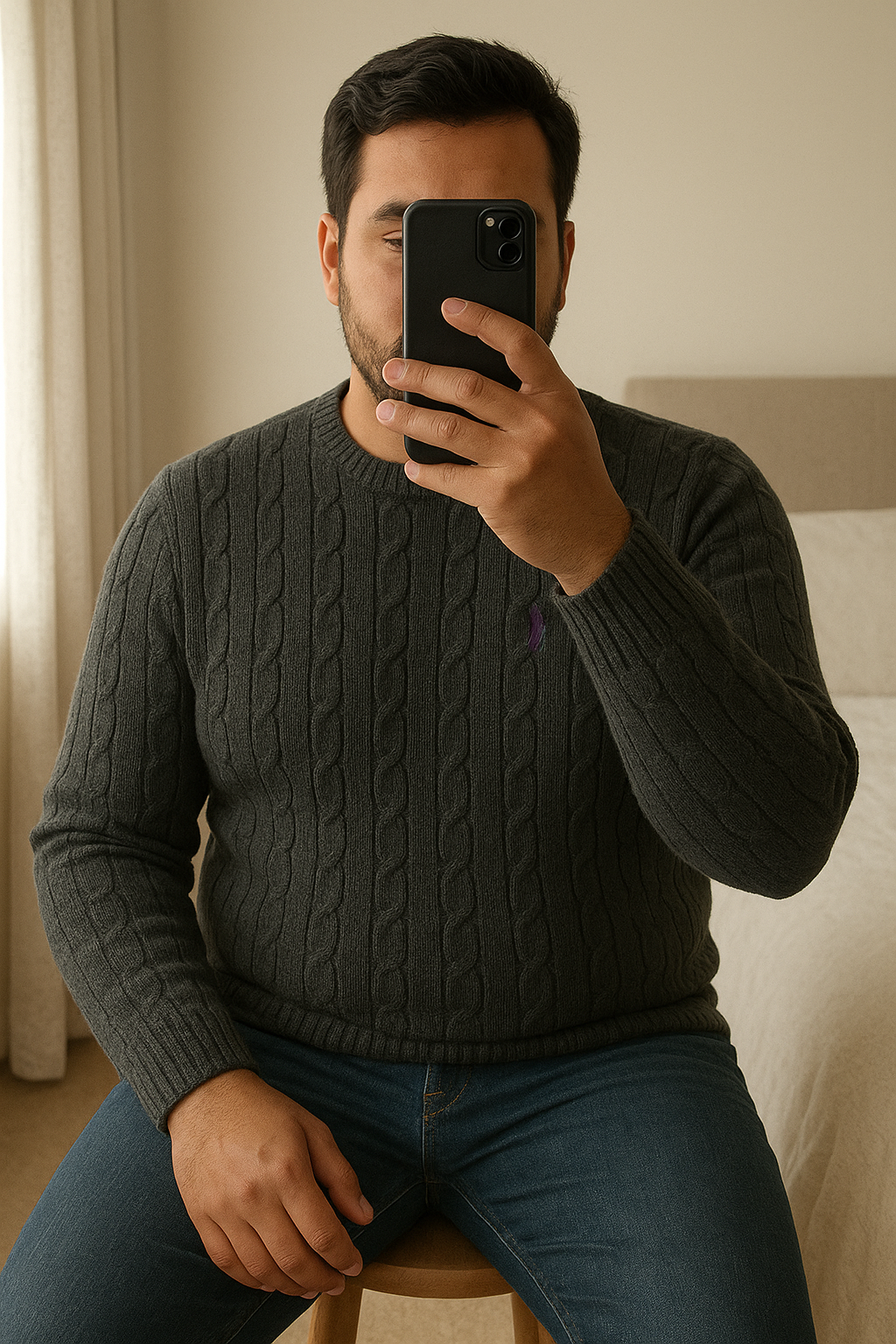 Une personne en Pull homme Ralph Lauren taille M assis sur une chaise haute, avec une posture détendue, avec une silhouette légèrement plus ronde, dans une chambre à la lumière douce, avec une lumière naturelle filtrant par la fenêtre.