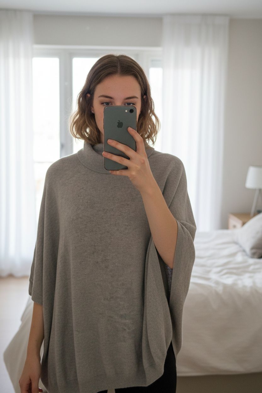 Next grey cashmere poncho jumper ukL roll neck oversized drape y2k vintage standing straight facing the camera, in a softly lit bedroom setting, with gentle natural light filtering through a window.