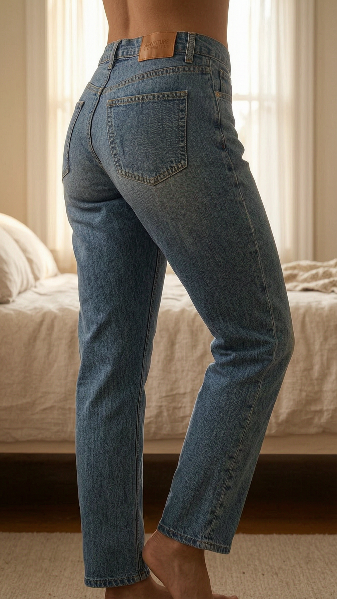 Une personne en Jeans oversize femme Levi's Signature S67 Athletic taille W42 L30 cambrant légèrement le dos pour une pose dynamique, dans une chambre à la lumière douce, avec une lumière naturelle filtrant par la fenêtre.