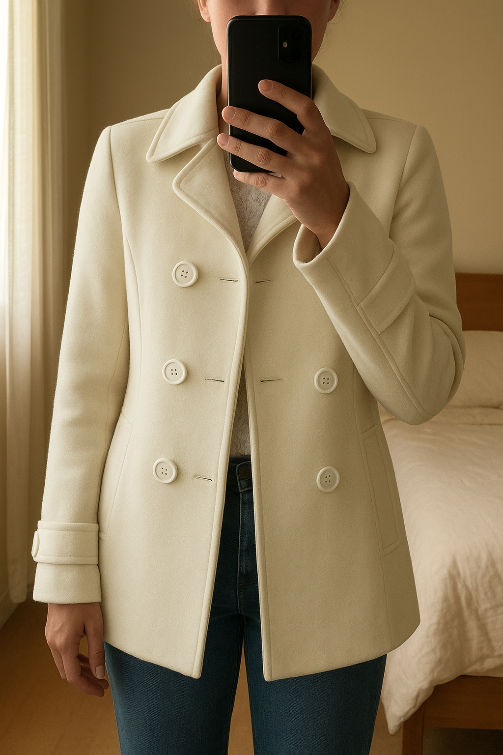 Cappottino Elegante Bianco Donna - Made in Italy - Lana e Acrilico in piedi, rivolto verso la fotocamera, in una camera da letto con luce soffusa e luce naturale che filtra dalla finestra.