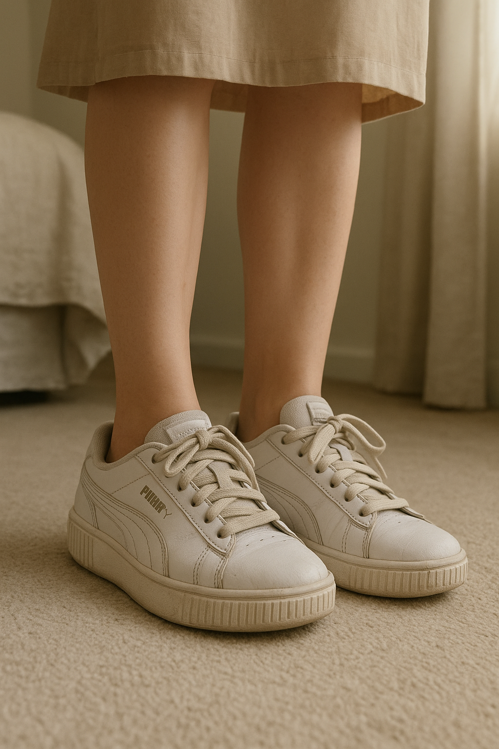 Basket blanche puma debout, face à la caméra, dans une chambre à la lumière douce, avec une lumière naturelle filtrant par la fenêtre.