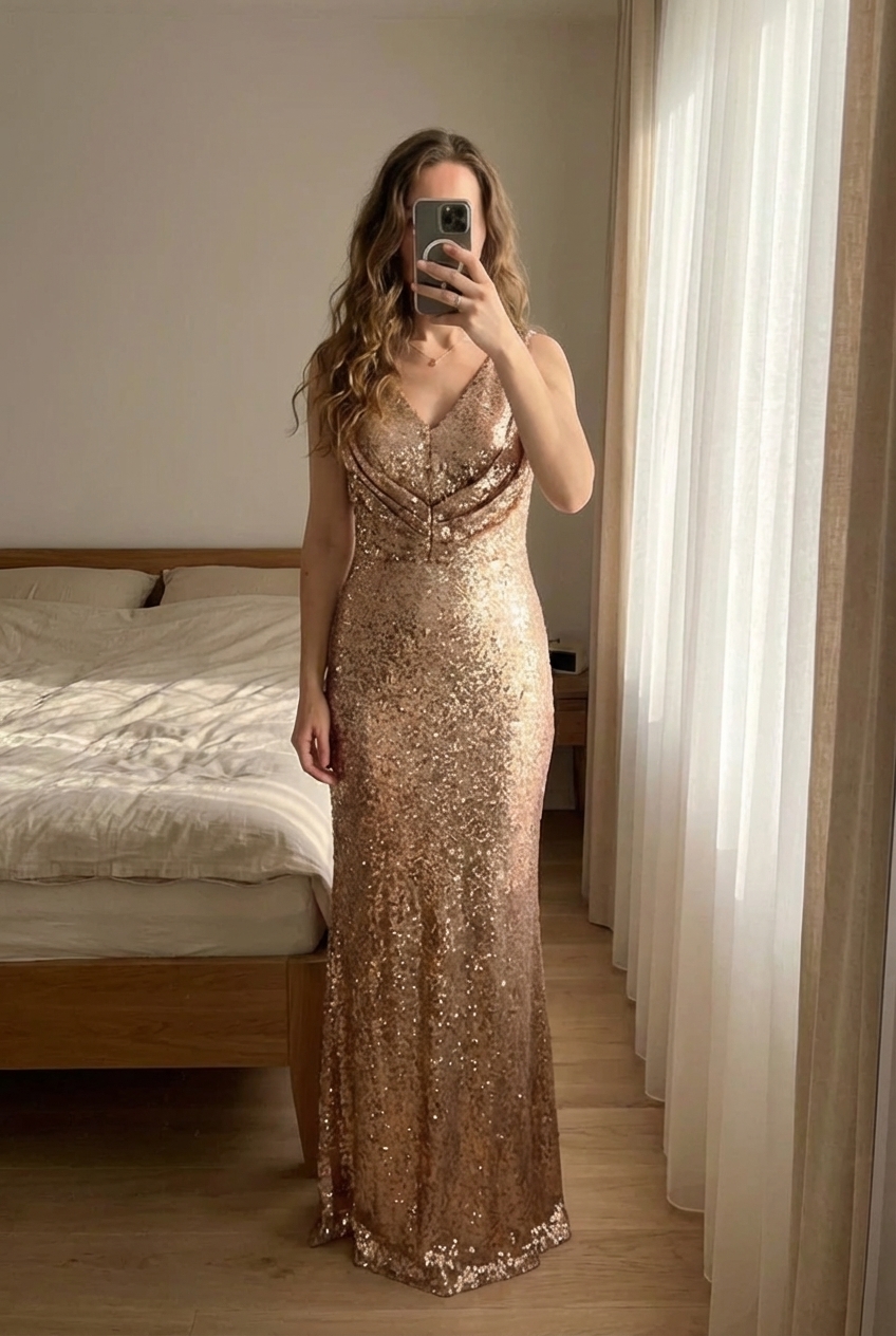 Robe de soirée à paillettes dorées Taille M debout, face à la caméra, dans une chambre à la lumière douce, avec une lumière naturelle filtrant par la fenêtre.
