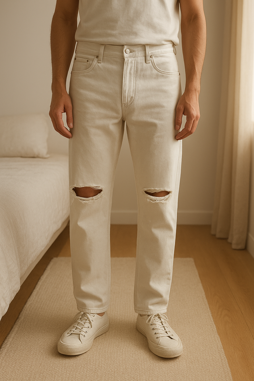 Jean Pull and Bear debout, face à la caméra, dans une chambre à la lumière douce, avec une lumière naturelle filtrant par la fenêtre.