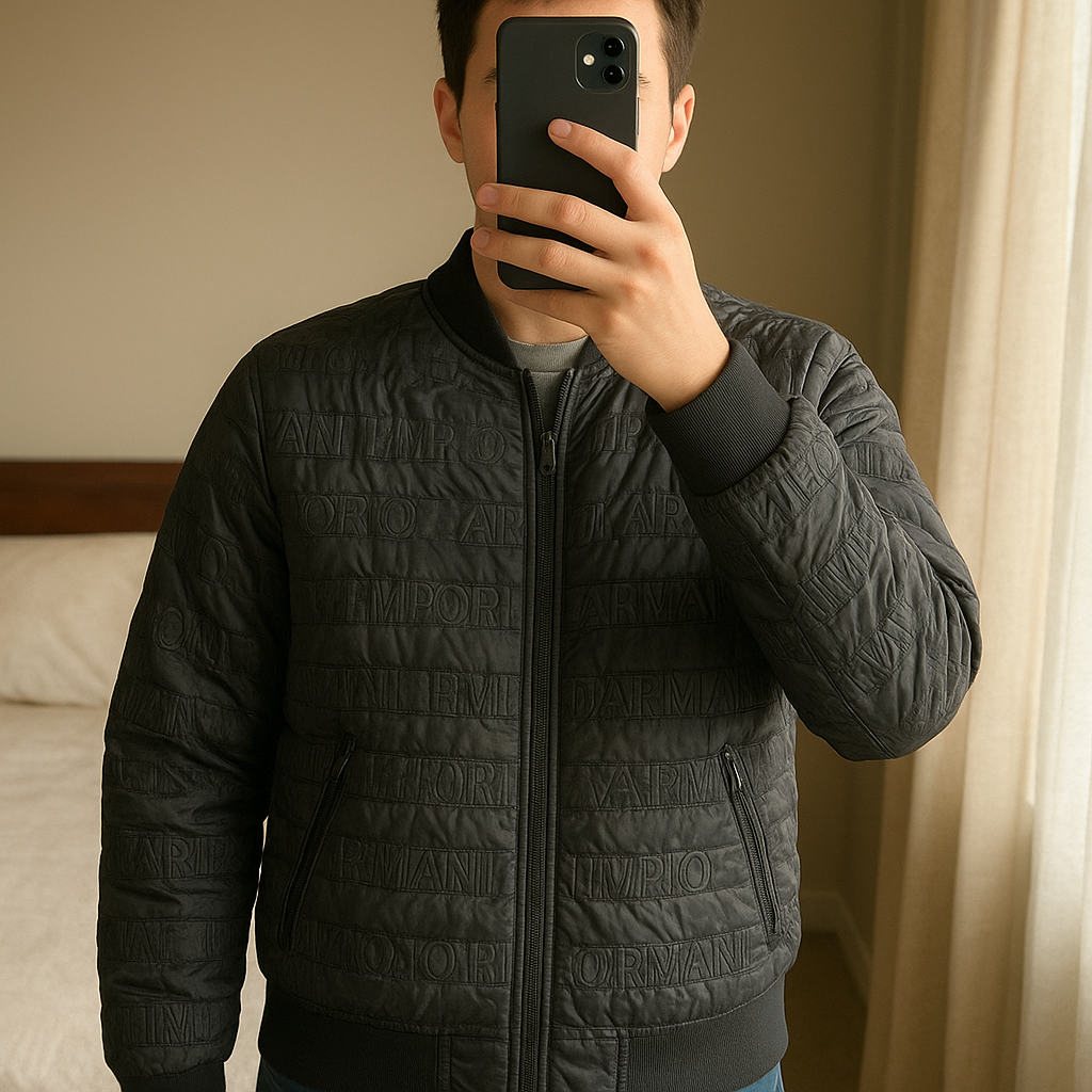 Giubbotto emporio Armani in piedi, rivolto verso la fotocamera, in una camera da letto con luce soffusa e luce naturale che filtra dalla finestra.