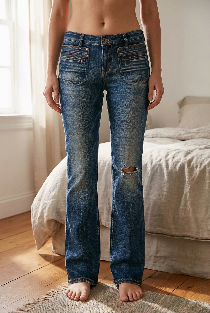jean Diesel Crossim femme taille 26 / 34 debout, face à la caméra, dans une chambre à la lumière douce, avec une lumière naturelle filtrant par la fenêtre.