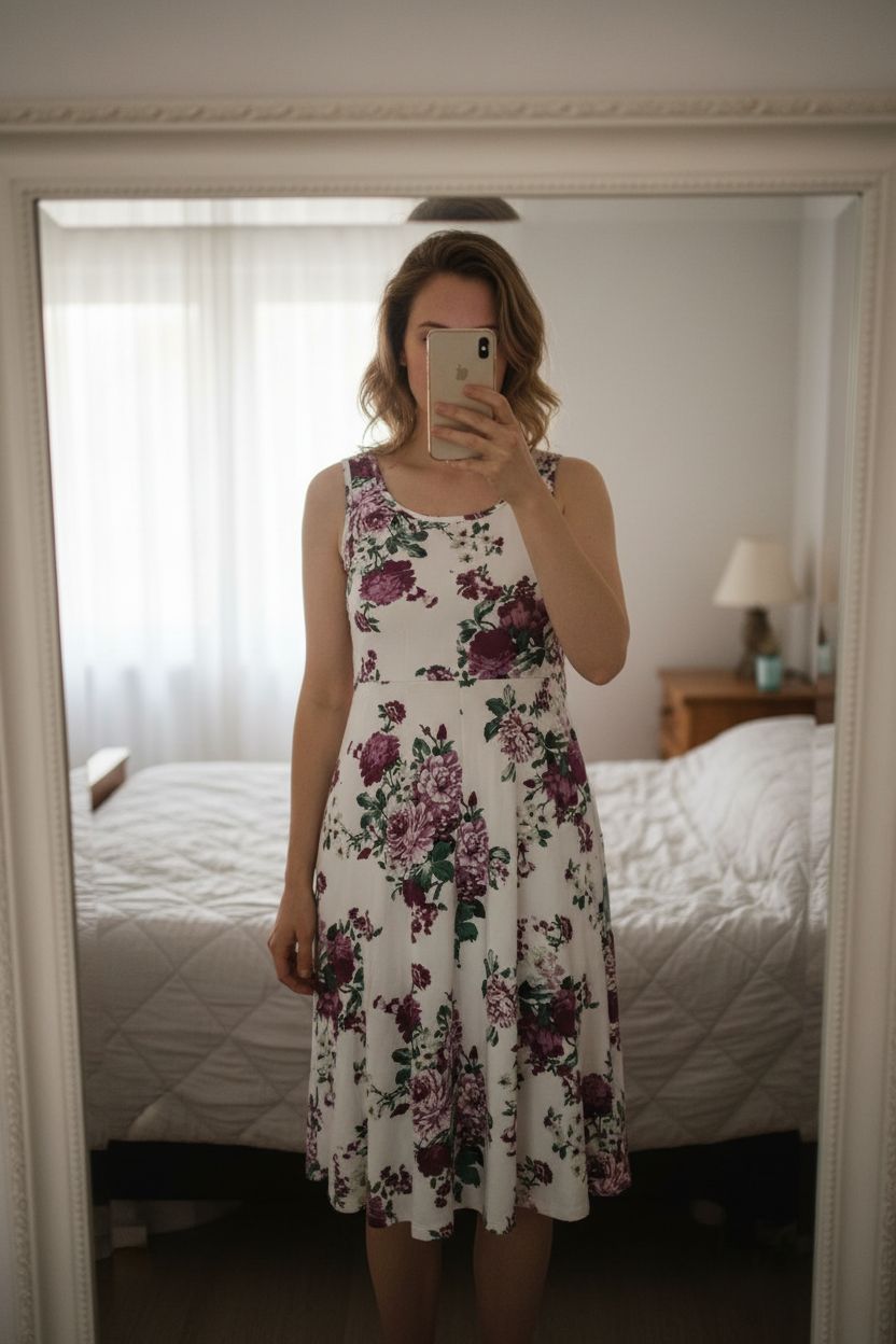 Une personne en Robe élégante sans manches, motifs floraux, bohème debout, face à la caméra, dans une chambre à la lumière douce, avec une lumière naturelle filtrant par la fenêtre.