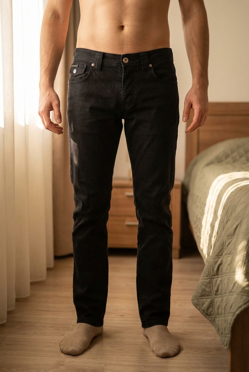 Pantalon jeans noir DG debout, face à la caméra, dans une chambre à la lumière douce, avec une lumière naturelle filtrant par la fenêtre.